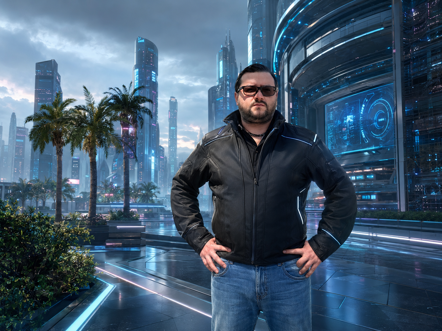 Roman Kovalchuk standing in a futuristic neon city — a hybrid live-action and AI-generated composite